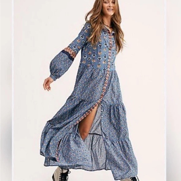 Free People Blue Papillon All Over Print Maxi Boho Tiered Dress S - Picture 1 of 9
